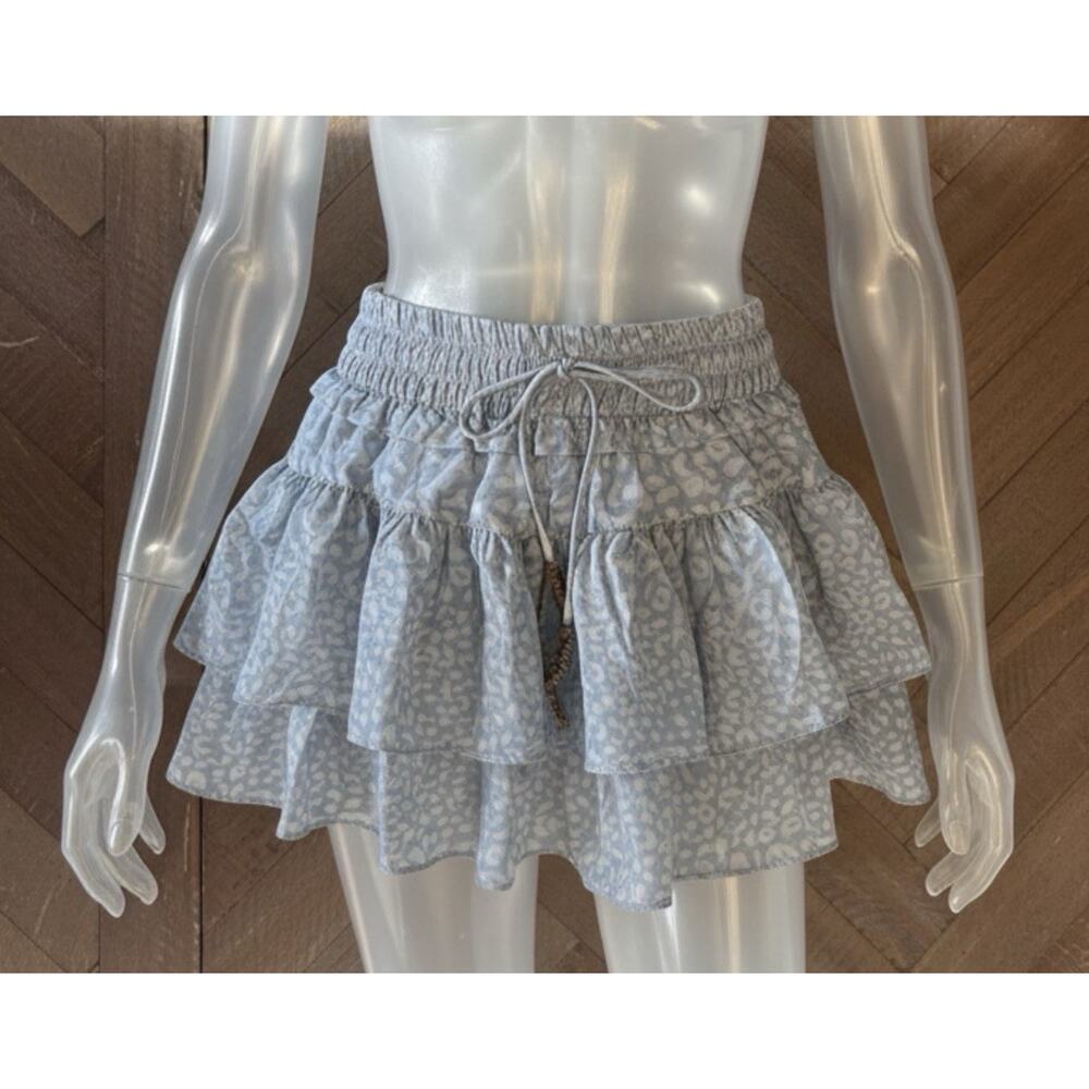 Flannel Australia 100% Silk Ruffle Mini Skirt Blue Animal Print Boho Tiered Sz 0